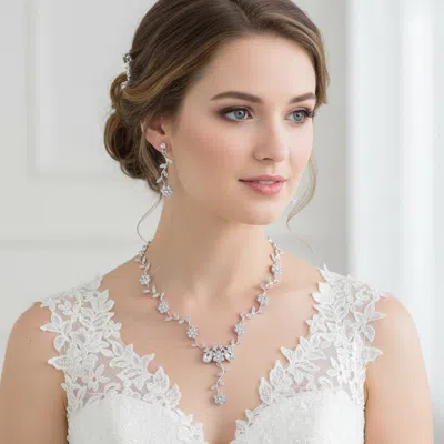 Fashnzfab Flower Leaf Cluster Vine Rhinestone Necklace - Clear, Silver
