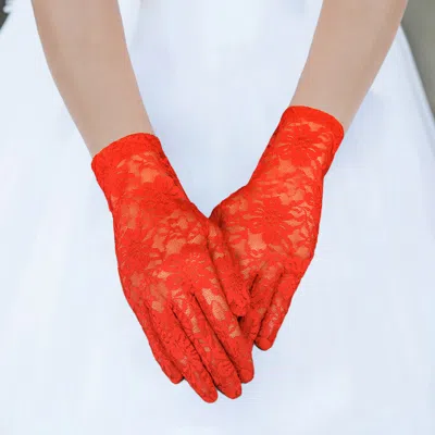 Fashnzfab Flower Leaf Patterned Lace Wedding Gloves In Red