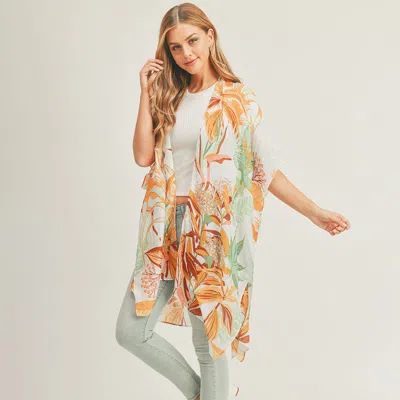 Fashnzfab Flower Leaf Print Cover Up Kimono Poncho In Gray