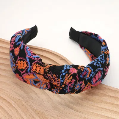 Fashnzfab Flower Leaves Embroidered Knot Headband In Black