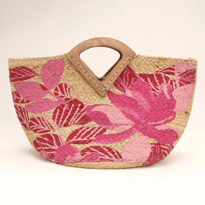 Fashnzfab Flower Leaves Pattern Printed Wooden Handle Jute Tote Bag In Pink
