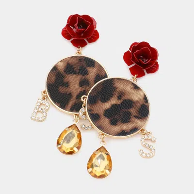 Fashnzfab Flower Leopard Patterned Round Boss Message Link Dangle Earrings - Gold In Red