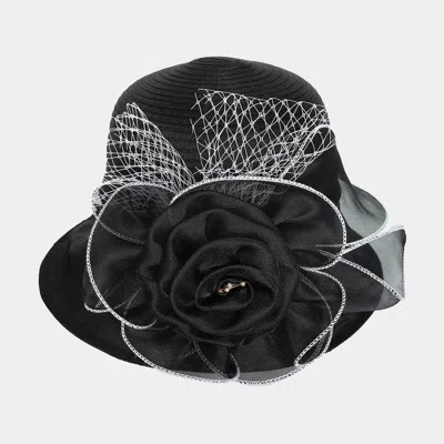 Fashnzfab Flower Mesh Accented Organza Dressy Hat In Black