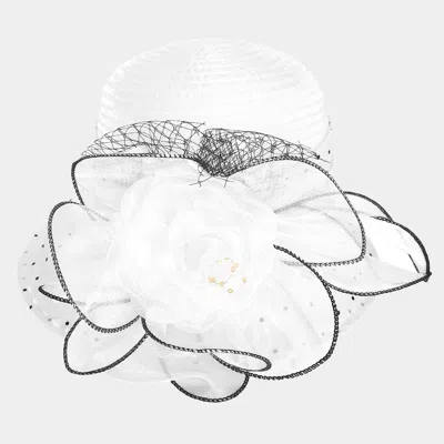 Fashnzfab Flower Mesh Accented Organza Dressy Hat In White