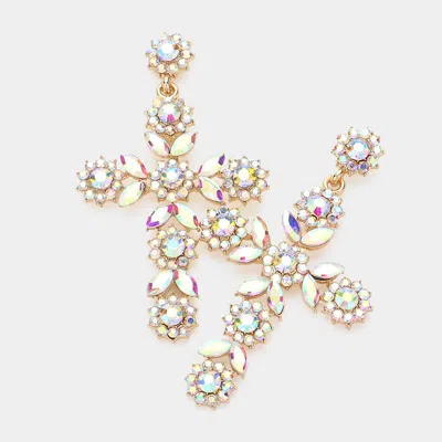 Fashnzfab Flower Mqrauise Stone Cluster Pointed Cross Dangle Evening Earrings - Ab, Gold In Multi