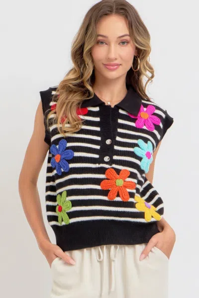 Fashnzfab Flower Patch Stripe Knit Top In Multi