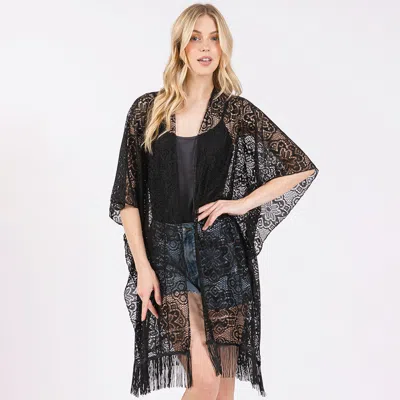 Fashnzfab Flower Pattern Crochet Lace Tassel Cover Up Poncho In Black