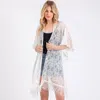 Fashnzfab Flower Pattern Crochet Lace Tassel Cover Up Poncho In White