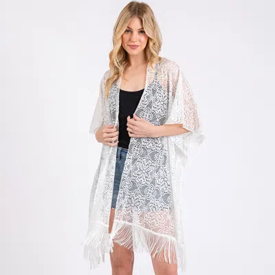 Fashnzfab Flower Pattern Crochet Lace Tassel Cover Up Poncho In White