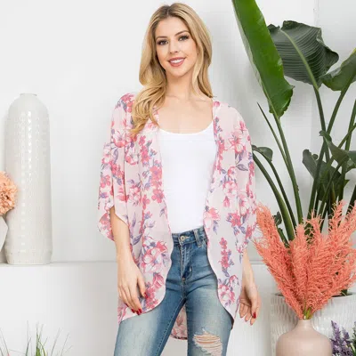 Fashnzfab Flower Patterned Cover Up Kimono Poncho In Pink