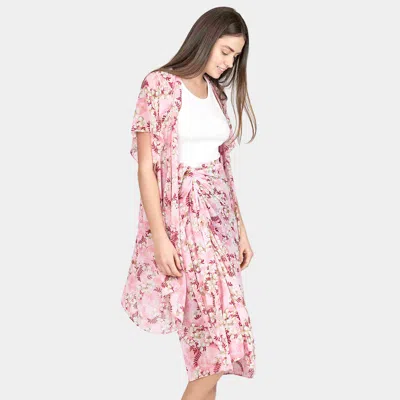 Fashnzfab Flower Patterned Cover Up Kimono Poncho In Pink