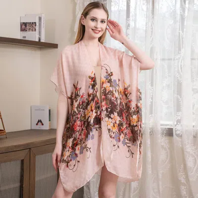 Fashnzfab Flower Patterned Cover Up Kimono Poncho In Pink