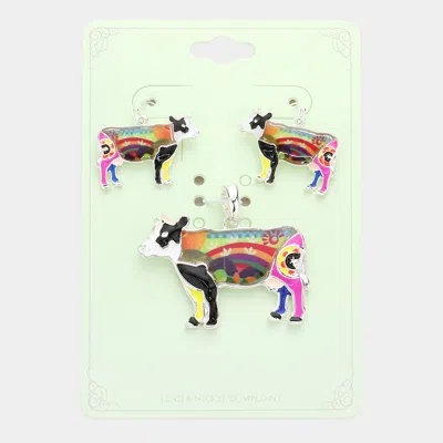 Fashnzfab Flower Patterned Cow Pendant Set - Multi In Green