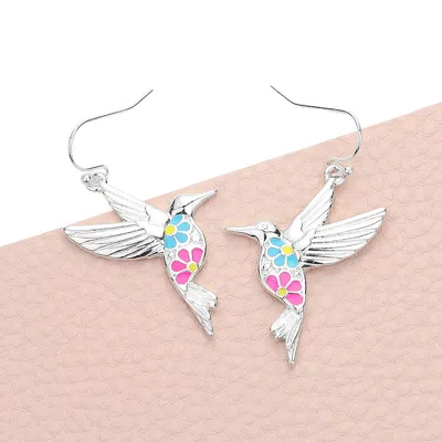 Fashnzfab Flower Patterned Hummingbird Dangle Earrings In Multi