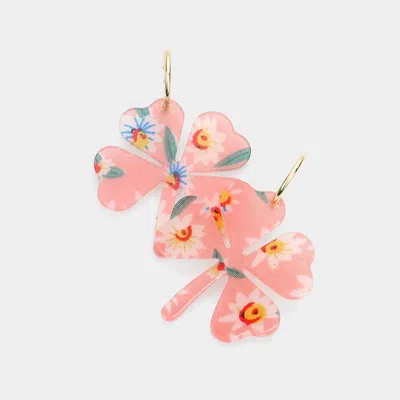 Fashnzfab Flower Patterned Resin Clover Dangle Earrings - Gold, Pink In Orange