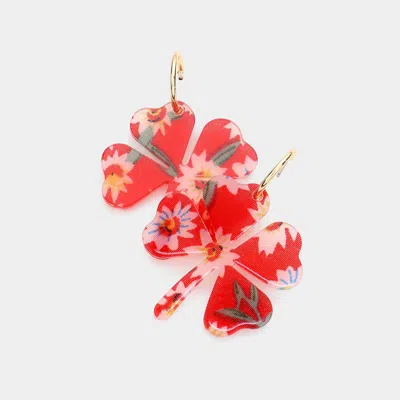 Fashnzfab Flower Patterned Resin Clover Dangle Earrings - Gold, Red