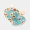 Fashnzfab Flower Patterned Resin Heart Dangle Earrings In Blue