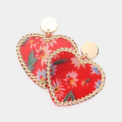 Fashnzfab Flower Patterned Resin Heart Dangle Earrings In Red