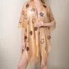 Fashnzfab Flower Patterned Sheer Tassel Cover Up Kimono Poncho In Gold
