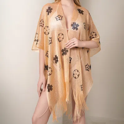 Fashnzfab Flower Patterned Sheer Tassel Cover Up Kimono Poncho In Gold