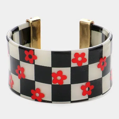 Fashnzfab Flower Patterned Striped Resin Cuff Bracelet Jet Black, Red In Multi