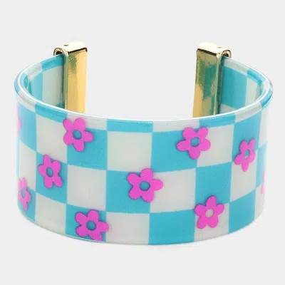 Fashnzfab Flower Patterned Striped Resin Cuff Bracelet Pink, Turquoise In Multi