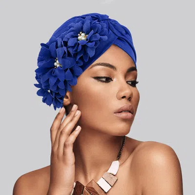 Fashnzfab Flower Pearl Accented Turban Hat In Blue