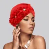 Fashnzfab Flower Pearl Accented Turban Hat In Red