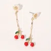 Fashnzfab Flower Pointed Enamel Cherry Tip Dropdown Dangle Earrings - Gold, Red In Multi