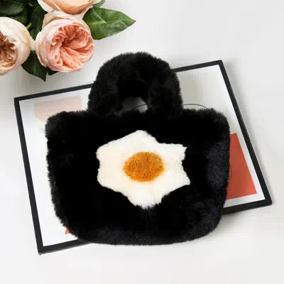 Fashnzfab Flower Pointed Faux Fur Mini Tote Bag In Black