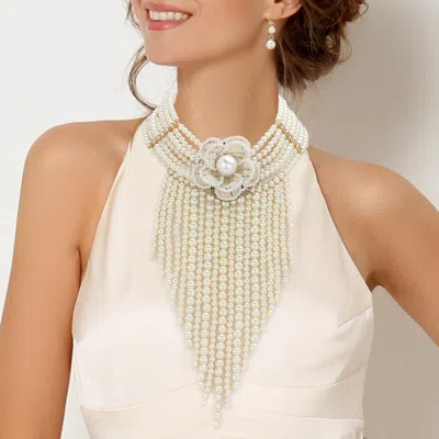 Fashnzfab Flower Pointed Pearl Fringe Statement Necklace In Multi