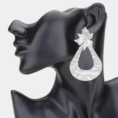Fashnzfab Flower Pointed Textured Open Teardrop Metal Dangle Earrings In Metallic