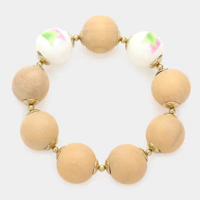 Fashnzfab Flower Print Ceramic Ball Wood Stretch Bracelets In Brown