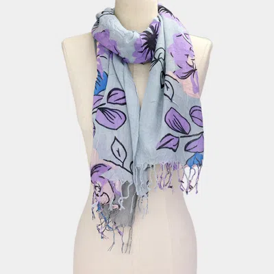 Fashnzfab Flower Print Fringe Scarf In Gray