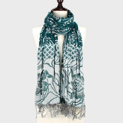 Fashnzfab Flower Print Polyester Fringe Scarf In Blue