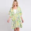Fashnzfab Flower Print Self-tie Drawstring Open Front Cover-up Kimono Poncho In Yellow
