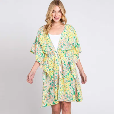 Fashnzfab Flower Print Self-tie Drawstring Open Front Cover-up Kimono Poncho In Yellow