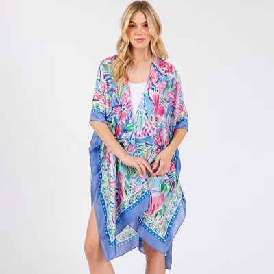 Fashnzfab Flower Print Silky Feel Kimono Poncho In Blue