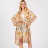 Fashnzfab Flower Print Silky Feel Kimono Poncho In Orange