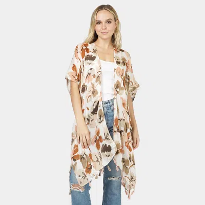 Fashnzfab Flower Printed Cover Up Kimono Poncho In Gray