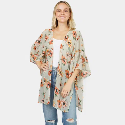 Fashnzfab Flower Printed Cover Up Kimono Poncho In Green