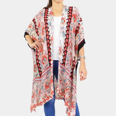 Fashnzfab Flower Printed Cover Up Kimono Poncho In Pink