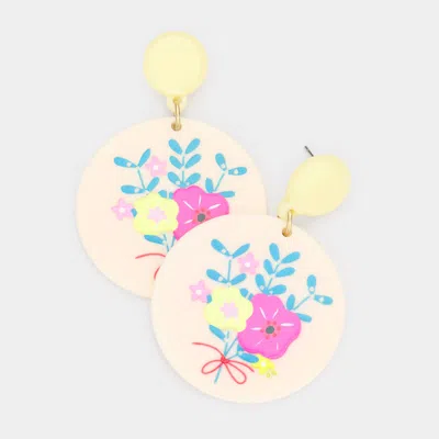 Fashnzfab Flower Printed Resin Round Dangle Earrings - Ivory, Worn Gold In Pink