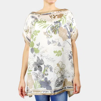 Fashnzfab Flower Printed Satin Poncho In Sand