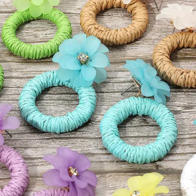 Fashnzfab Flower Raffia Hoop Dangle Earrings In Blue
