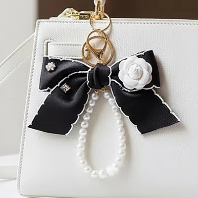 Fashnzfab Flower Rhinestone Accent Pearl Loop Bow Keychain Bag Charm In Black