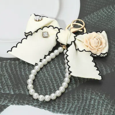 Fashnzfab Flower Rhinestone Accent Pearl Loop Bow Keychain Bag Charm In Gold