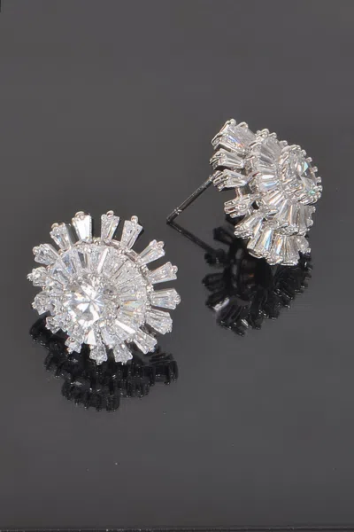 Fashnzfab Flower Rhinestone Earrings In Silver