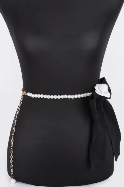 Fashnzfab Flower Ribbon Faux Pearl Belt In Metallic