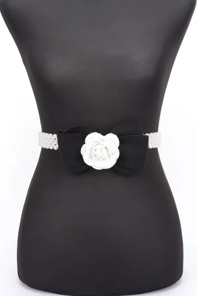 Fashnzfab Flower Ribbon Faux Pearl Stretch Belt In Multi